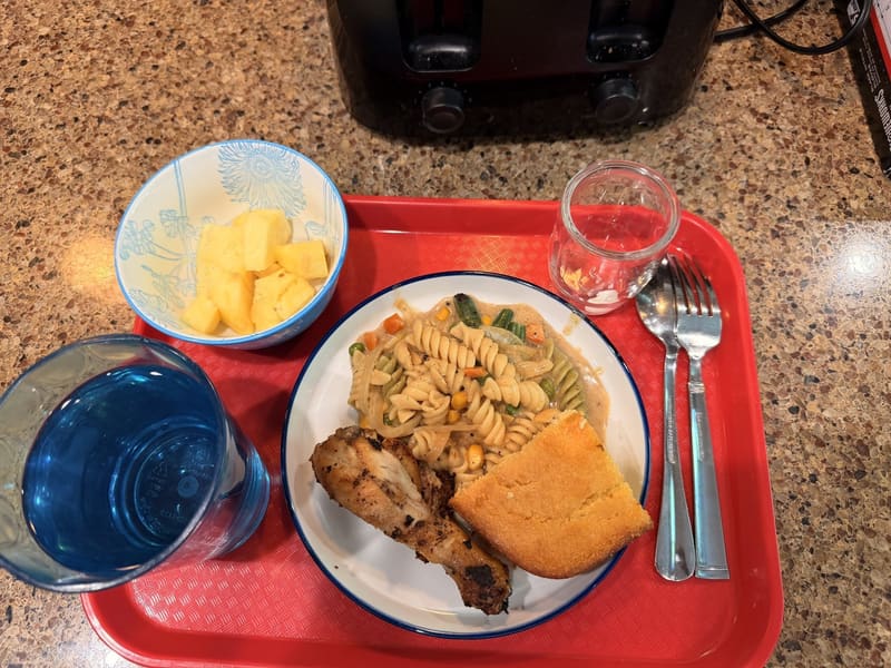 A home-cooked meal on a serving tray